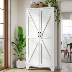 Metal White Storage Cabinet with 2 Doors and 4 Adjustable Shelves, 75" Tall Kitchen Pantry cabinets, Farmhouse Food Pantry Cabinet,5 Tier Freestanding