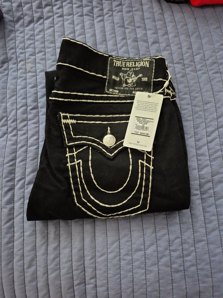 “True Religion Black Flap Pocket Jeans NEW w/ Tags Size 32 X 32