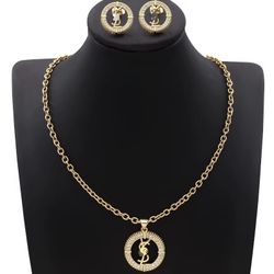 18K Zircon Gold Plated Concentric Circle Pendant Crystal Jewelry Set 