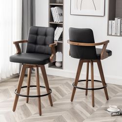 1 Piece- 26” H- Black Bar Stool, Kitchen Counter Stool, Upholstered Faux Leather