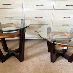 Coffee Table Set Round Glass & Wood Coffee & Side Table 