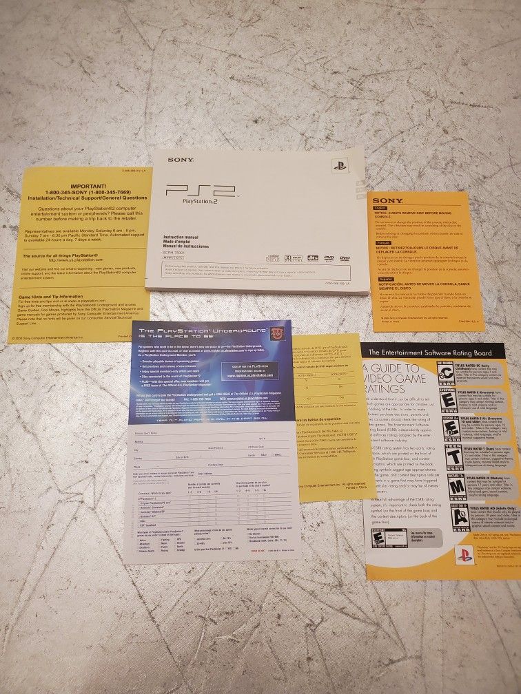 SONY PlayStation 2 PS2 Instruction Manual and incerts For Console SCPH-75001