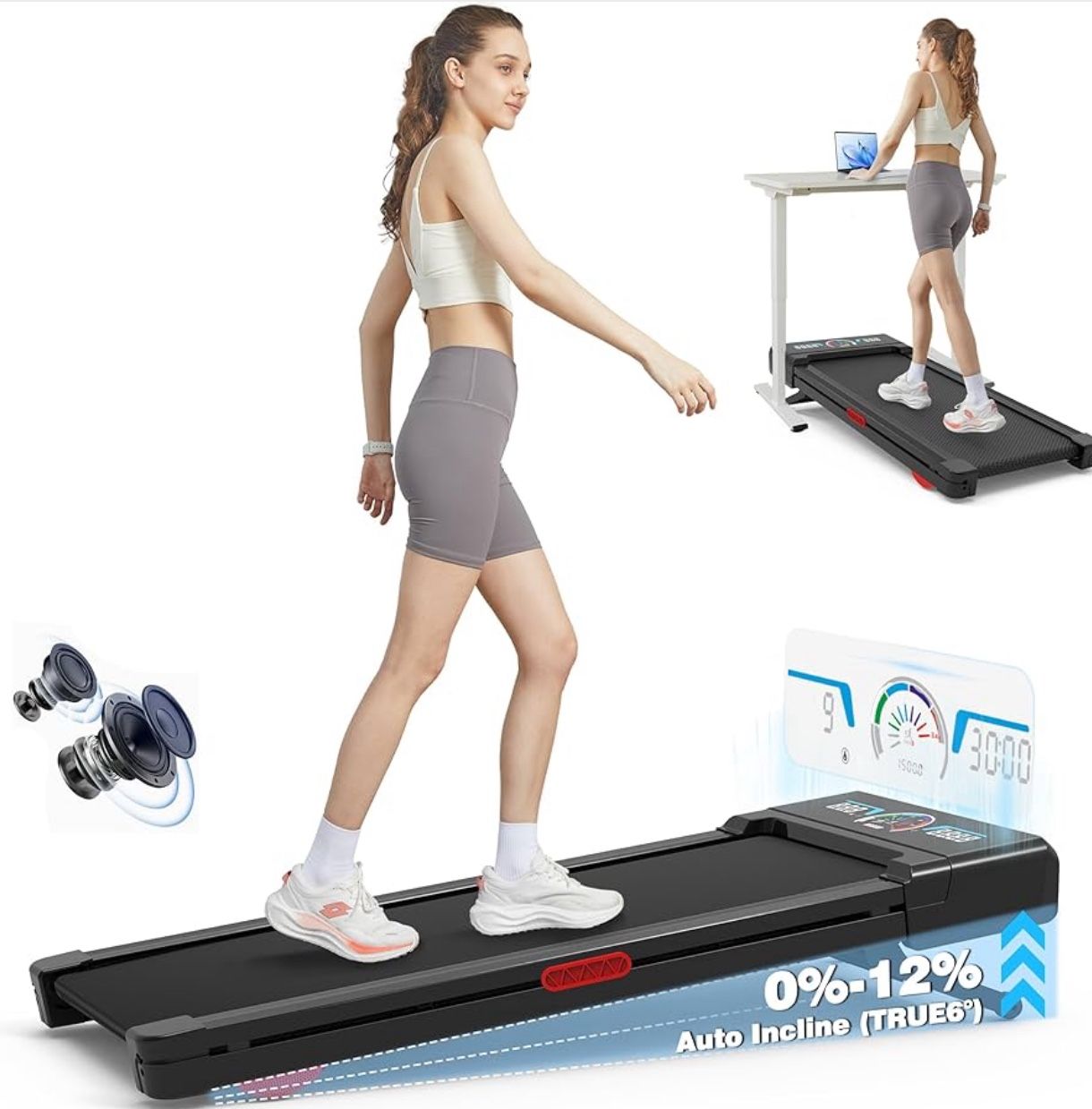 Walking Pad Treadmill with 12% 9-Level Auto Incline, 450 lbs Capacity RGB LED Screen, Bluetooth Speaker Under Desk Treadmill, Compact Treadmills