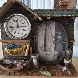 $10.00 - Picture Frame, Fisherman/Mountain Cabin Design!  Quartz Clock Included/3.5" x 5" Picture Insert - Almost New (Needs New Battery)