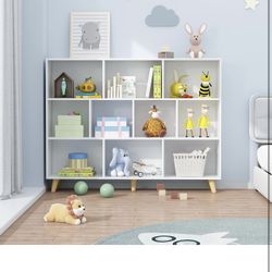  Bookshelf Open Cube Storage Organizer, 3-Tier Wood Bookcase with 10 Cubes & Legs, Freestanding Display Shelf for Living Room, Bedroom, White (55.1”L 