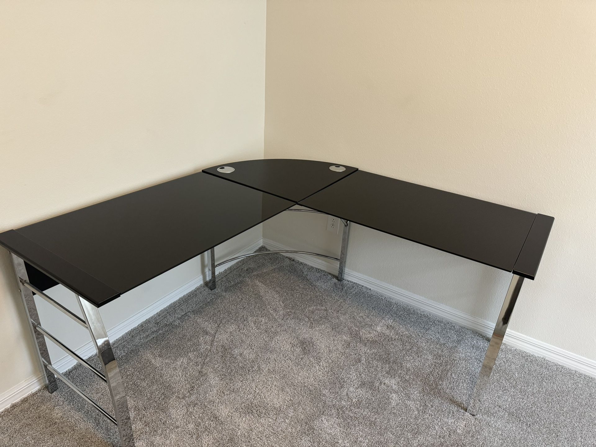 Modern Office Desk L-Shaped Corner Desk Glass, Black Silver