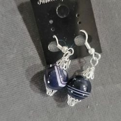 MARBLEIZED  POLISHED  GLASS EGGPLANT SILVER CASING DESIGNER ORIGINAL EARRINGS