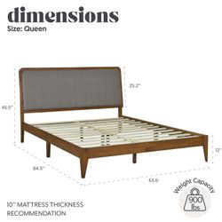 Raven Grey Upholstered Walnut Wood Queen Platform Bed Frame