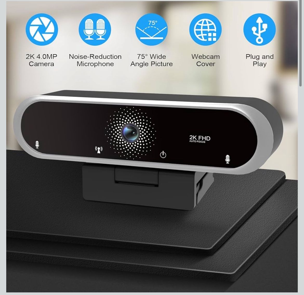 Webcam 2K with Microphone and Webcam Cover Plug and Play with Auto Light Correction for Laptop PC Desktop for Live Streaming Video Call Conference Onl