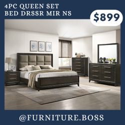 4pc Queen Bedroom Set - Bed Dresser Mirror Nightstand