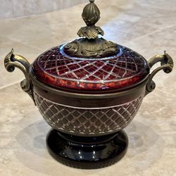 Cranberry Glass Cut Crystal, gold ruby glass Compute, Nuts, Candy Bowl with Lid 