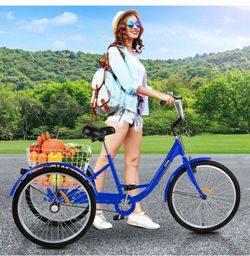 Adult Tricycle 24" 1-Speed 3 Wheel Blue Exercise Shopping Bicycle Large Basket