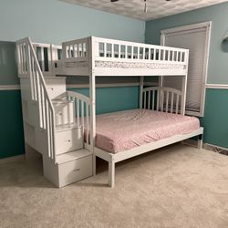 White Twin Over Full Bunk With Shelves And Drawers