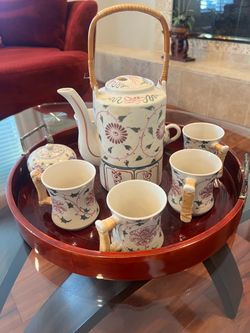 Asian Porcelain Tea Set with Rattan Handles & Large Red Serving Tray