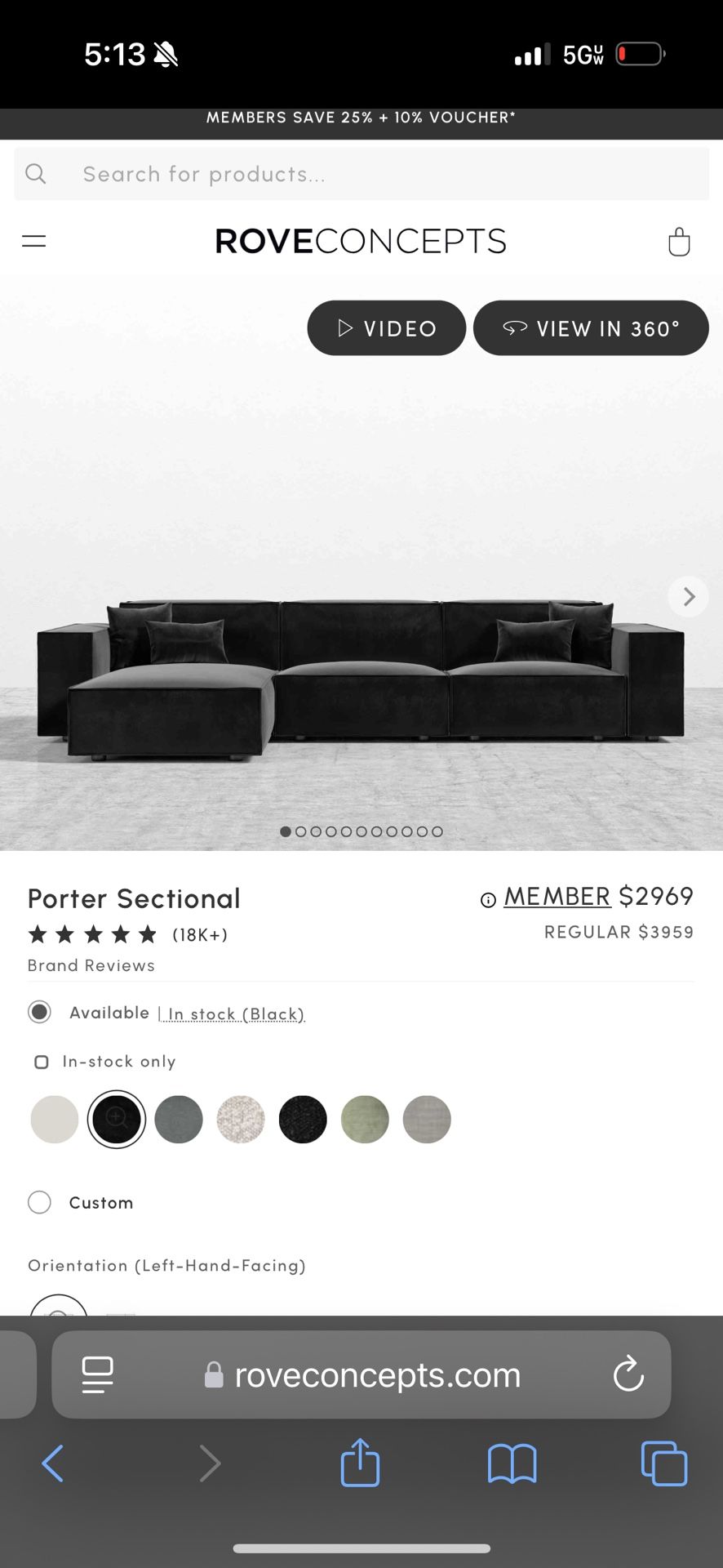 New Rove concept Black Plush Velvet Sectional Sofa