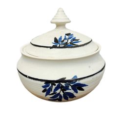 Unique Vintage Handmade Ceramic Lidded Jar - Blue Floral Design