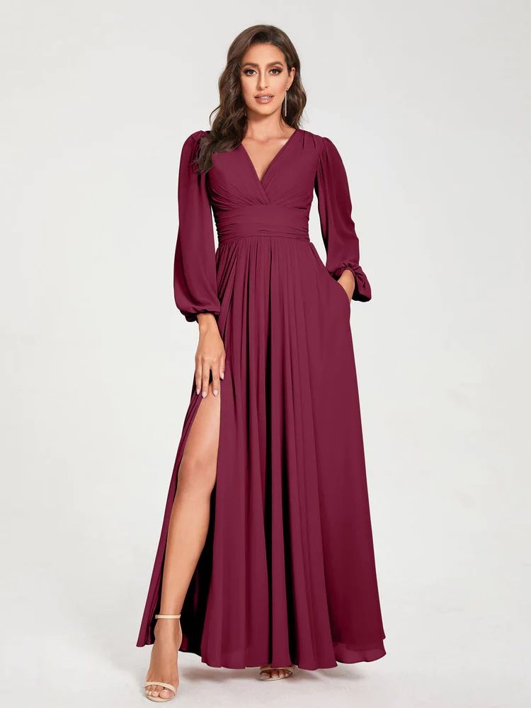 Light burgundy A Line/Princess Chiffon V Neck Long Sleeves Split Side Floor Length With Pockets Bridesmaid Dresses 1 Light Burgundy Size: 16 - joarbit.com Light burgundy A Line/Princess Chiffon V Neck Long Sleeves Split Side Floor Length With Pockets Bridesmaid Dresses 1 Light Burgundy Size: 16 - joarbit.com