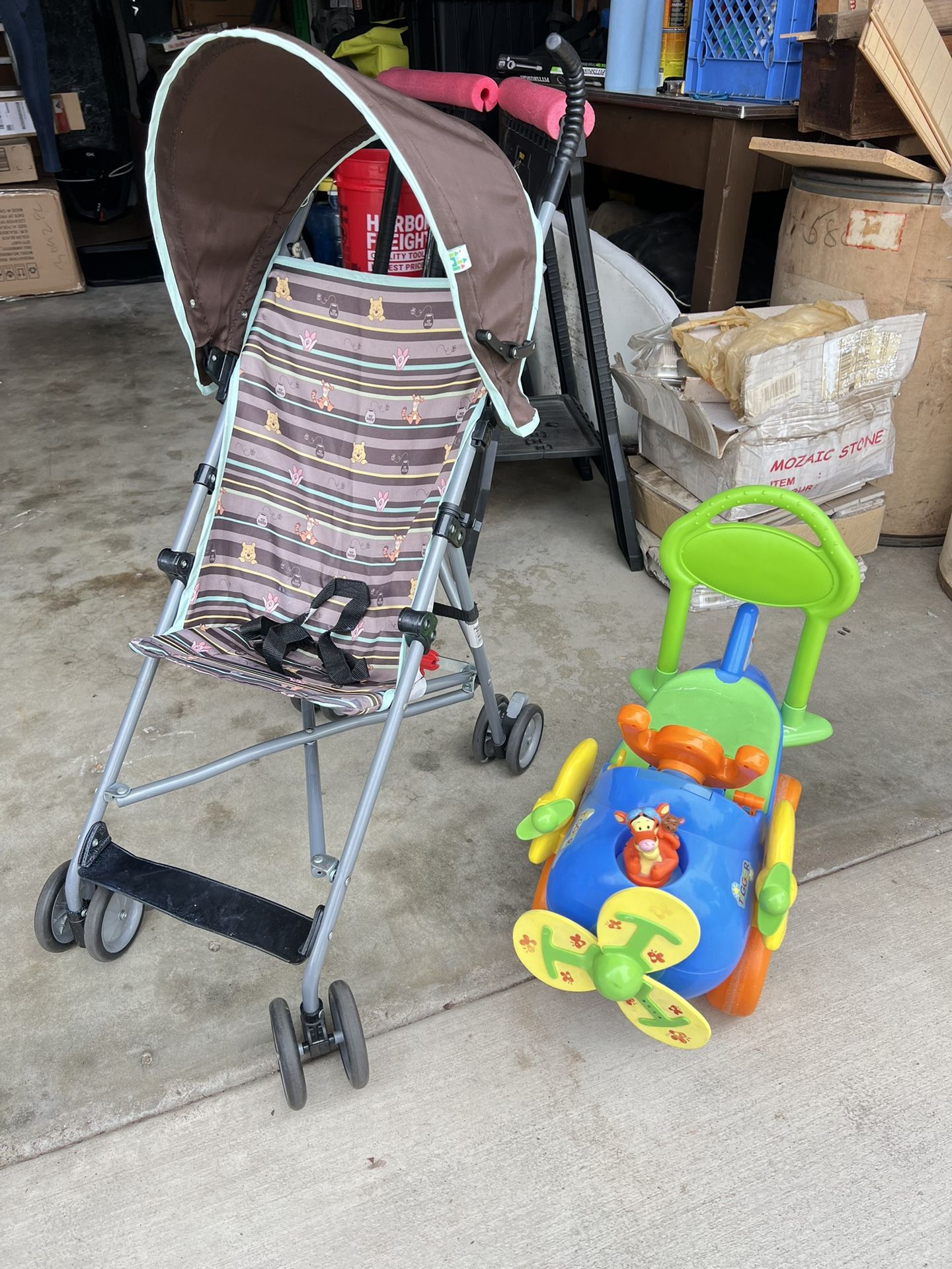 vintage winnie the pooh & tigger ride on toy and stroller