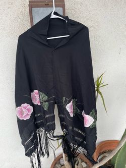 Handmade Black Floral Shawl with Fringe