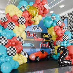 SHERYL DECOR Vintage Two Fast Race Car Balloon Garland Kit with BONUS Trophy & Number 2, 100pc, Perfect for Birthday Decorations