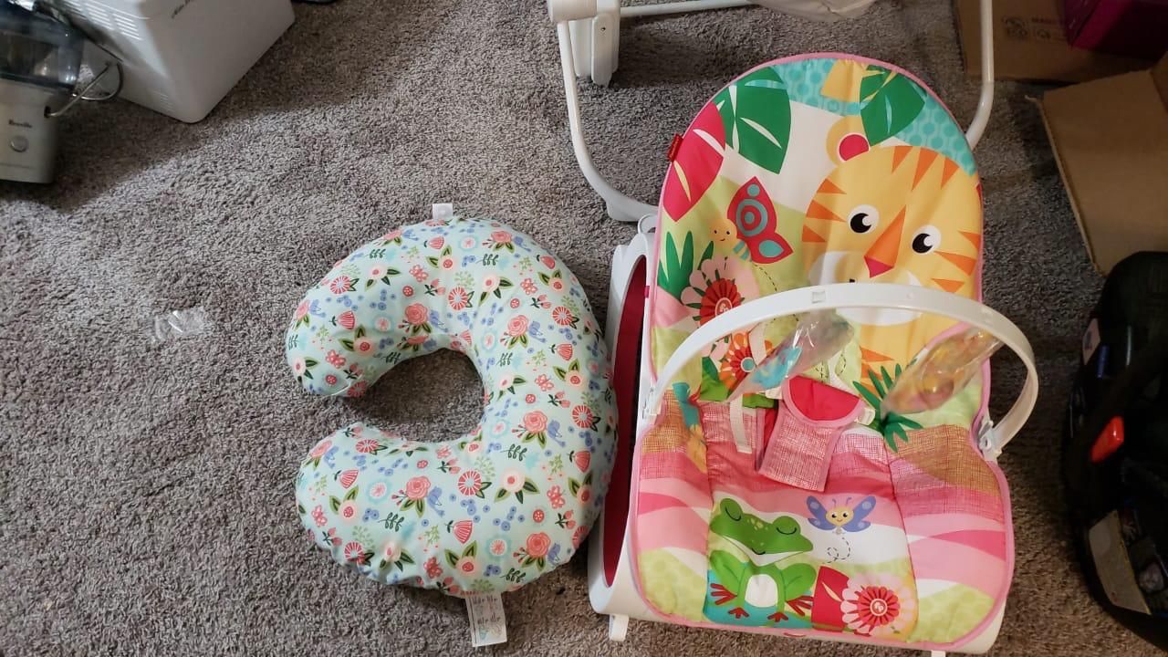 Baby items crib and mattress with cover car seat swing chair