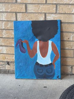 Original Canvas Painting - Woman with Afro Holding Shoe on Blue Background