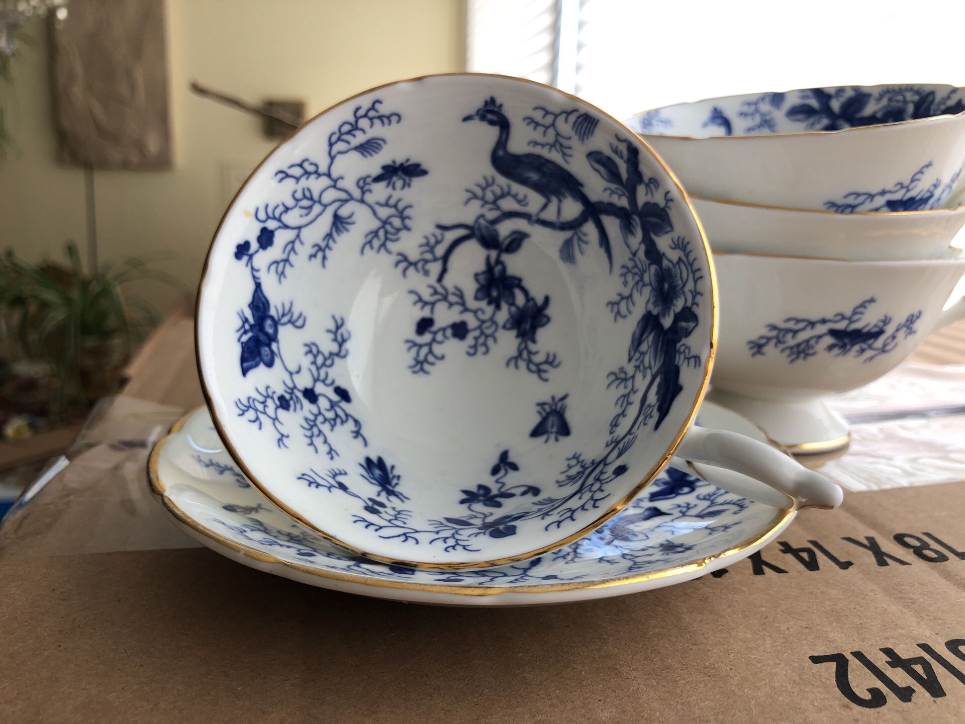 4 Blue Cairo Coalport Footed Teacups and one saucer