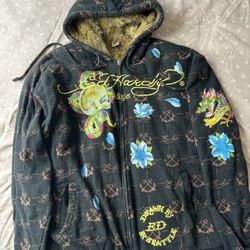 Vintage Ed Hardy Designer Hoodie Fur Jacket Mens XXL Rare--Hollywood Edition