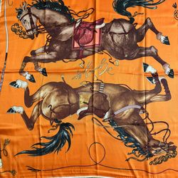 Hermès Silk Scarf Orange Horse Equestrian Print