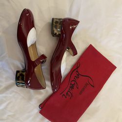 Christian Louboutin  Red Mary Jane’s Pumps With Leopard Pattern 