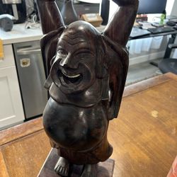 VINTAGE Wood Carving Happy Laughing Buddha Statue Inlayed teeth eyes - 19” Tall