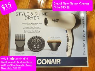 $15🌸Conair Hair Dryer 1875 Watt Smooth & Shine Dryer with 3 Attachments. Brand New. Only $15 !!!