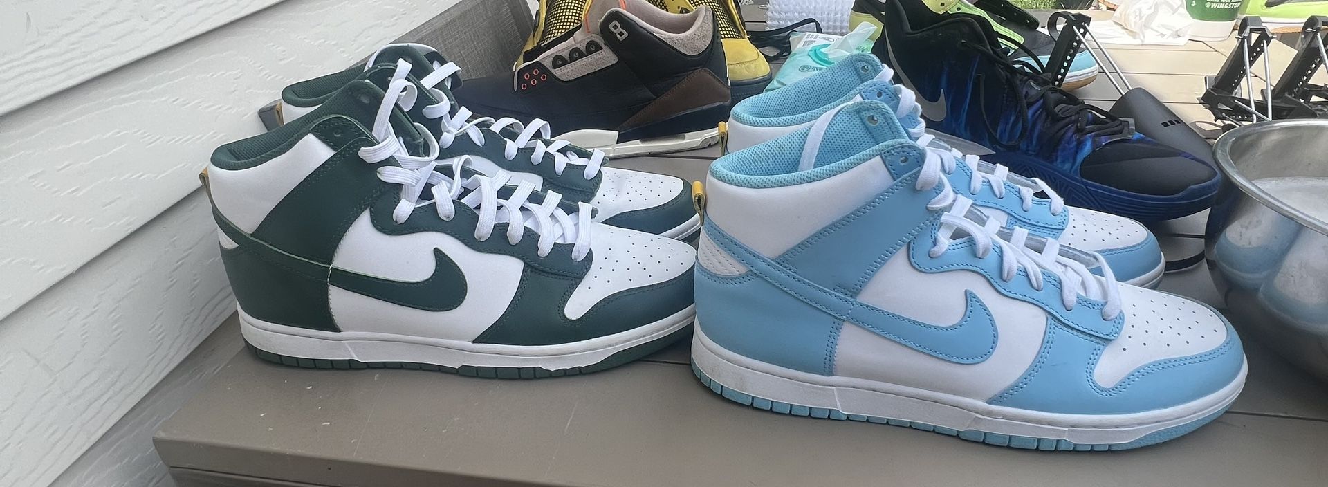 Light Blue And Ever Green High Top Dunks.