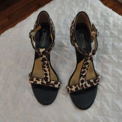 Michael Michael Kors 8 M Leopard Calf Hair Leather Open Toe Pumps Sandals Heels