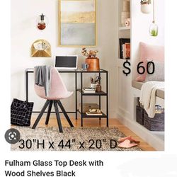 Brand New Fulhan Glass Top Desk Wood With  Shelves Black 