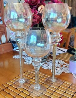 3pc Amber Luster Long Stem Glass Candle Holders Set Tiered 17" & 12"