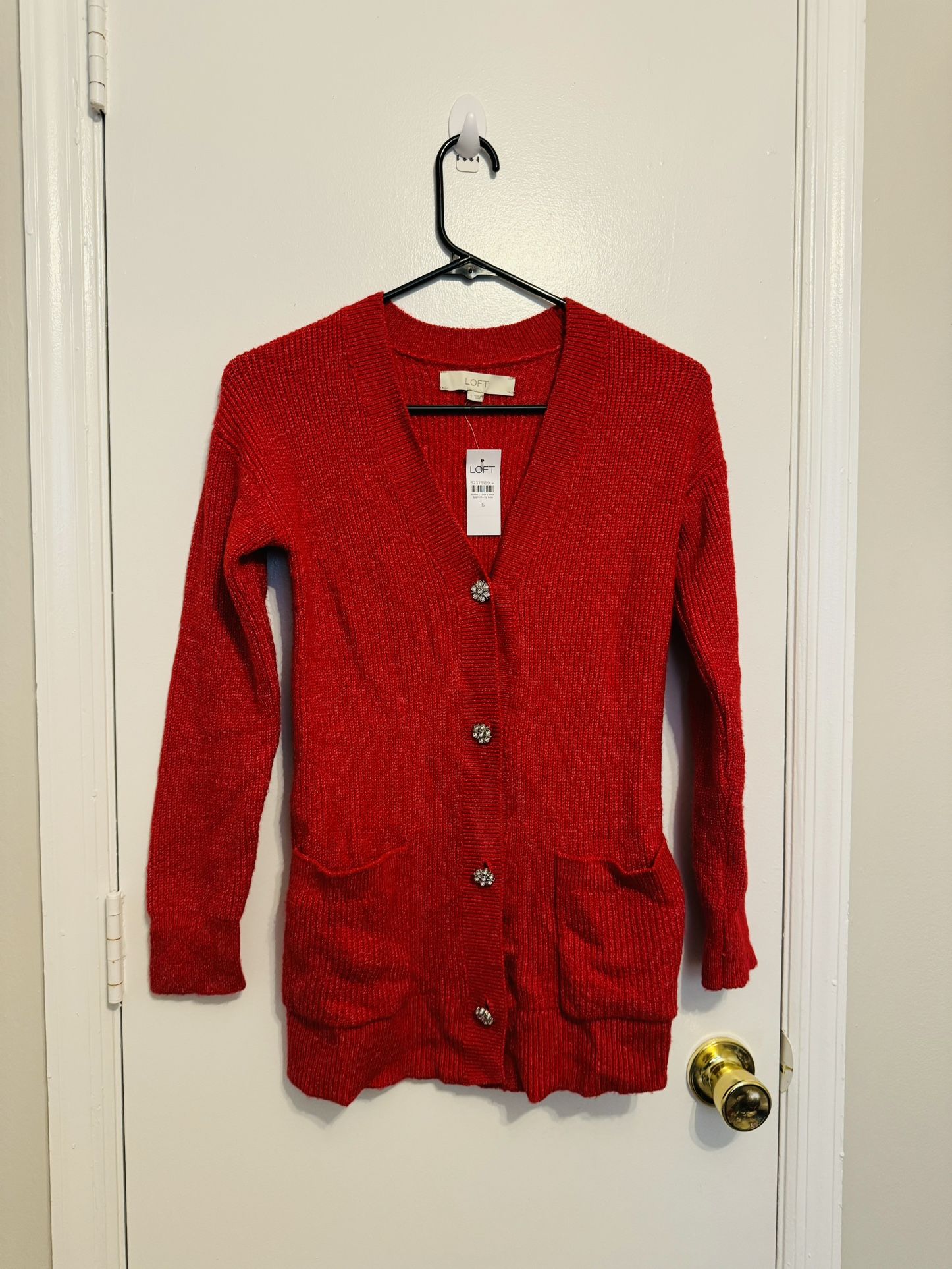 Loft Red Sweater Cardigan with Rhinestone Buttons Small