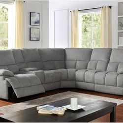 New Power 3 Reclining Sectional.  Grey Chenille Fabric.  USB Charger.  118”x104”x40 1/2” H.  Free Delivery!