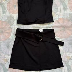 NWT Fashion Nova Matching Set 2 of 2 Black Mini Belted Skirt Tube Top Zipper M