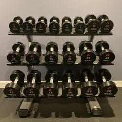 TAG Urethane Dumbbells Complete 5-50 Lb Set With 3-tier Precor Rack - Retails for Over $4,500
