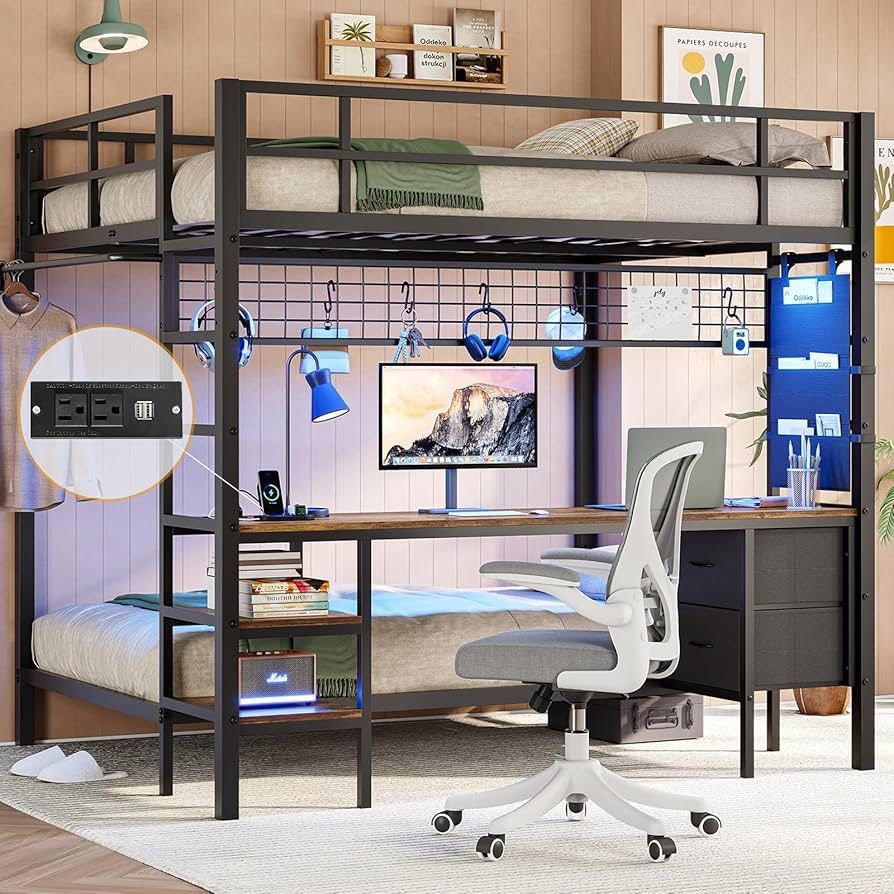 Full Over Twin Bunk Bed with Desk and Charging Station Metal Full Size Over Twin Loft Bed with Led Lights & Storage Shelves and Drawers for Teen,Safet