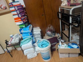 Walker, cammode, wheelchair,( new) diapers,pads,medical supplies like waffle mattress transfer boards hygiene stuff.