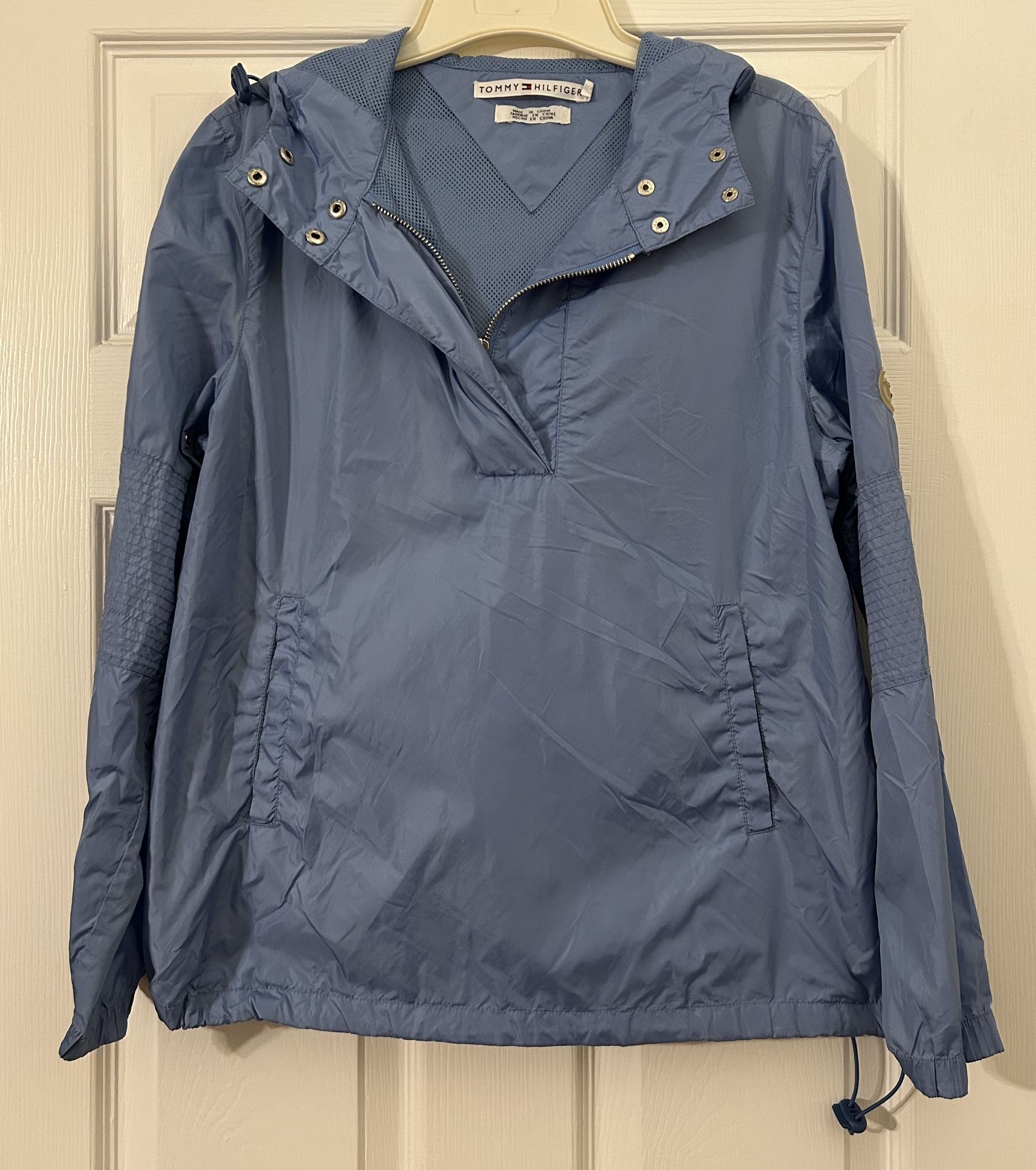 Tommy Hilfiger Women’s Mesh Lined Pullover Windbreaker Jacket Blue Hoodie Snap Up 1/4 Zipper
