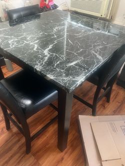 Modern Black Marble-Style Dining Table Set, 4 Chairs Included