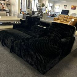 Black Corduroy Sofa Sleeper Couch With Storage Chaise And Cupholders