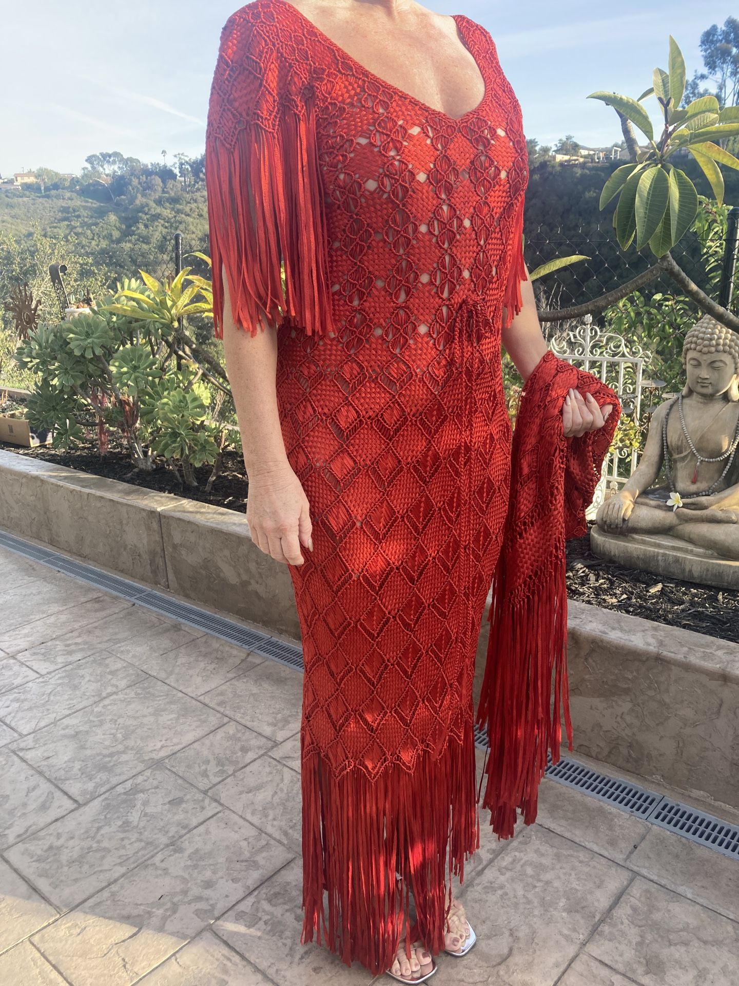 Holiday red dress with shawl