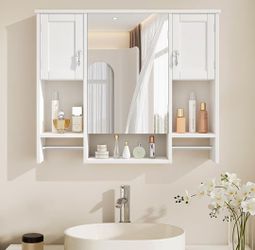Large Bathroom Wall Cabinet with Mirror, Wall Mounted Medicine Cabinet with Open Shelves, 2 Towel Bars