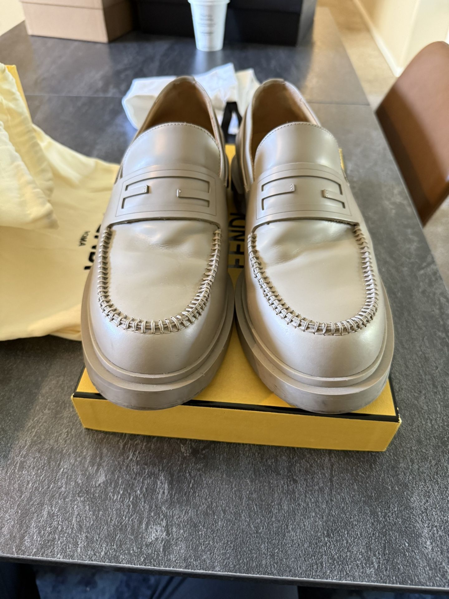 FENDI Loafers Designer Shoes Beige Leather FF Logo Men’s US 10