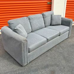 Vintage Modern Mid Century Gray Tweed Upholstered Boho Style Sofa 