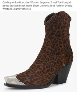 New women’s leopard print cowboy ankle boots with engraved steel toe size 10.5